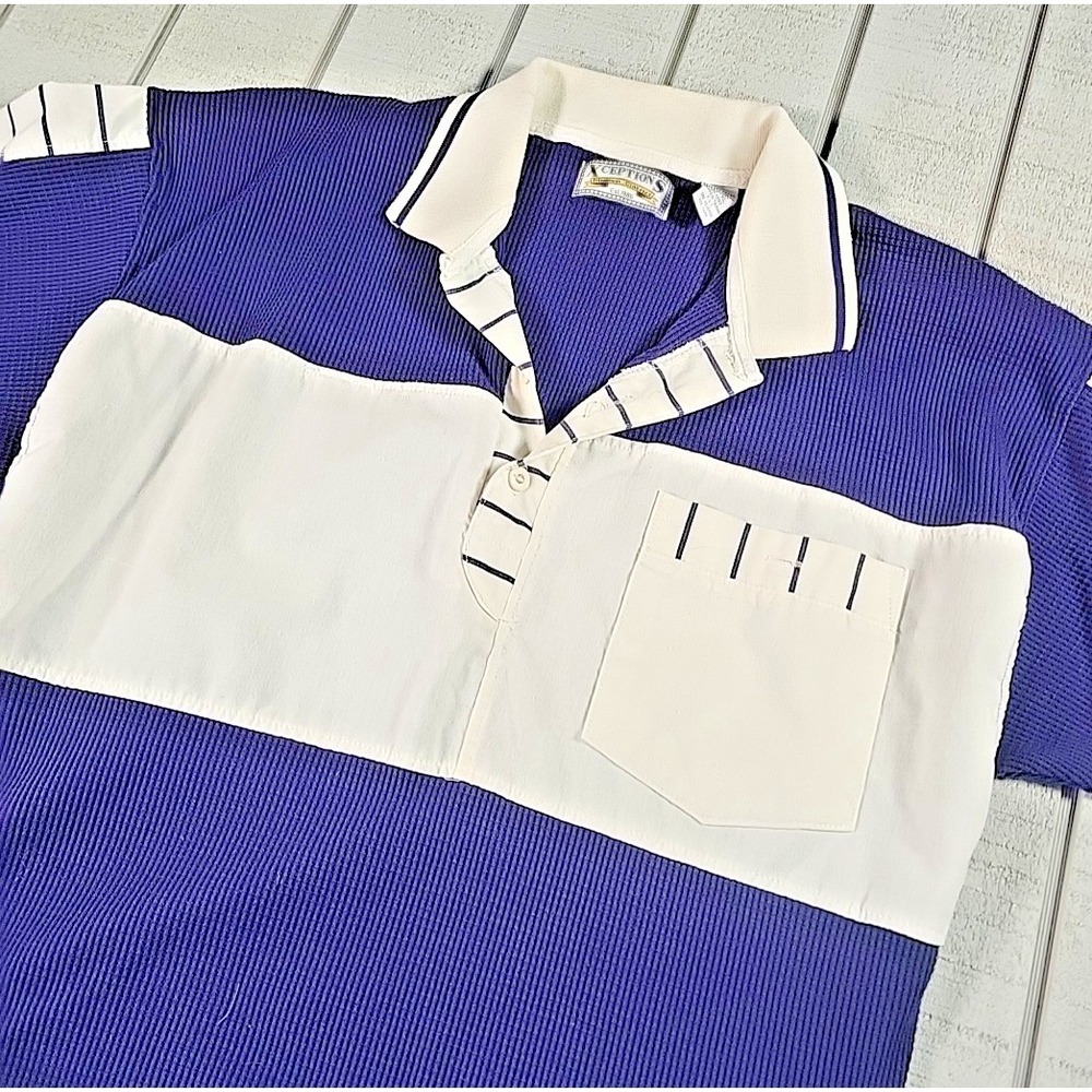 VTG Xceptions Waffle Knit Polo Shirt Men's XL Blue White Color Block Henley -90s